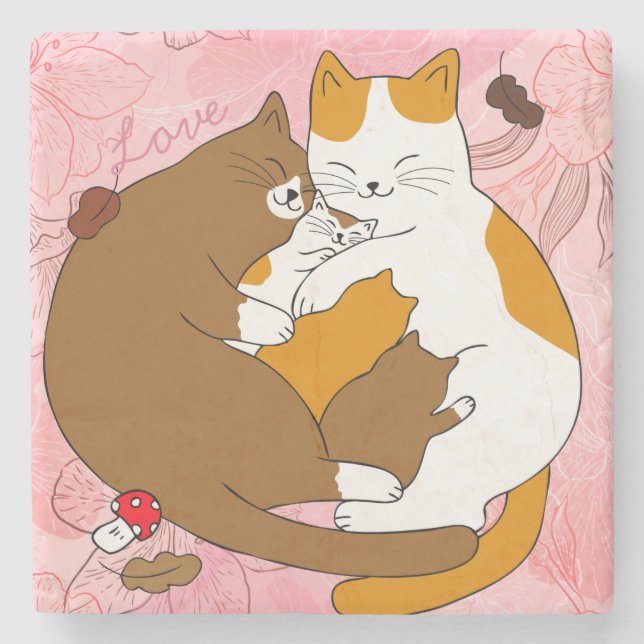 Cute Cat Family Stone Coaster (Front)