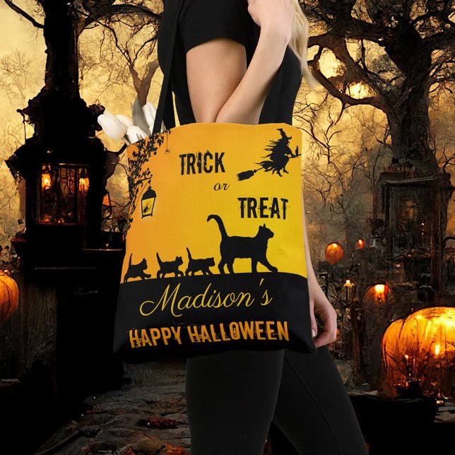 Cute Cat Family Trick or Treat Halloween  Tote Bag (A fun and colorful Halloween tote bag showing a cute cat family in a Halloween scene with witch)