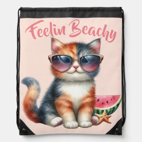 Cute Cat Feelin Beachy Drawstring Bag