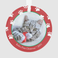 Cute Cat First Christmas Paw prints Red Green Ornament