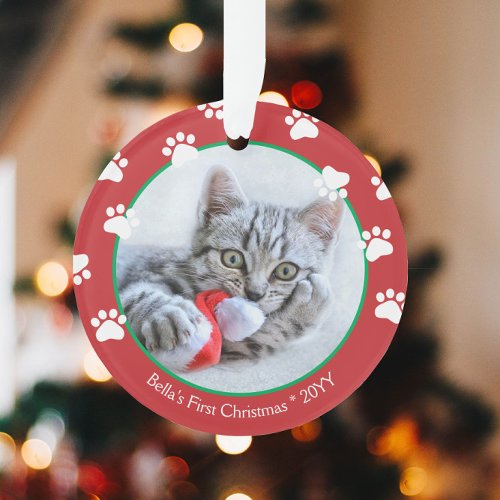 Cute Cat First Christmas Paw prints Red Green Ornament