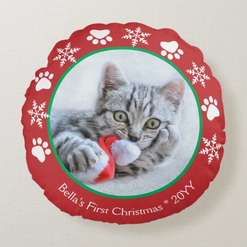 Cute Cat First Christmas Paw prints Red Green Round Pillow