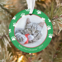 Cute Cat First Christmas Pawprints Green Ornament