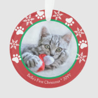 Cute Cat First Christmas Snowflakes Paw Prints Red Ornament