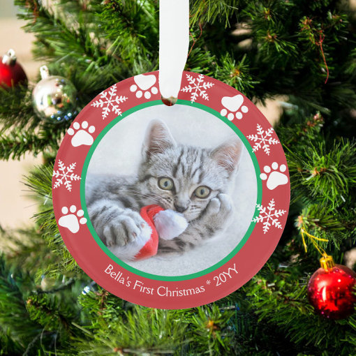 Cute Cat First Christmas Snowflakes Paw Prints Red Ornament | Zazzle