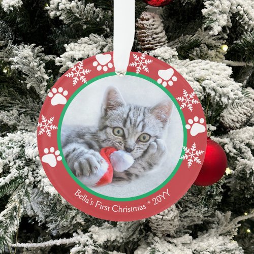 Cute Cat First Christmas Snowflakes Paw Prints Red Ornament