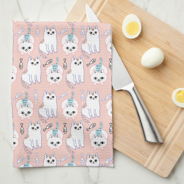 Cute Cat & Fish Pattern Kitchen Towel (Quarter Fold)
