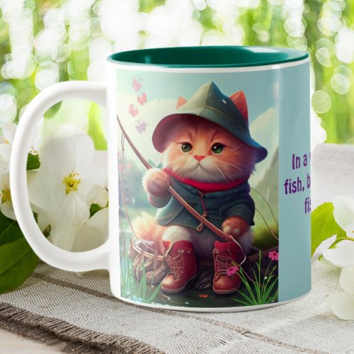 Cute Cat Fishing Rod Funny Quote Personalized Two_Tone Coffee Mug