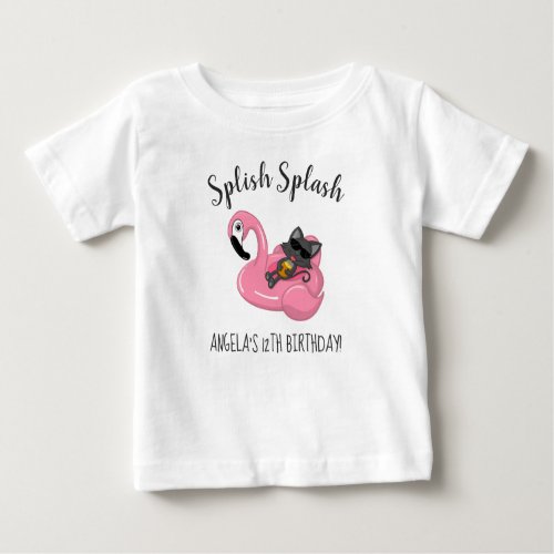 Cute Cat Flamingo Kids Birthday Pool Party Baby T_Shirt