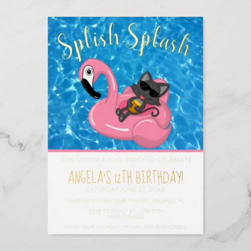 Cute Cat Flamingo Kids Birthday Pool Party Foil Invitation