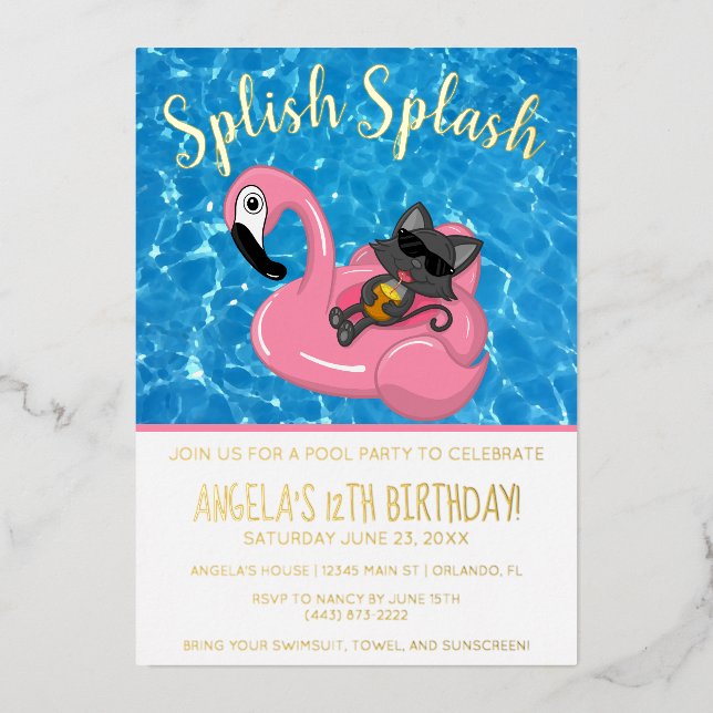 Cute Cat Flamingo Kids Birthday Pool Party Foil Invitation (Front)