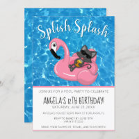 Cute Cat Flamingo Kids Birthday Pool Party Invitation