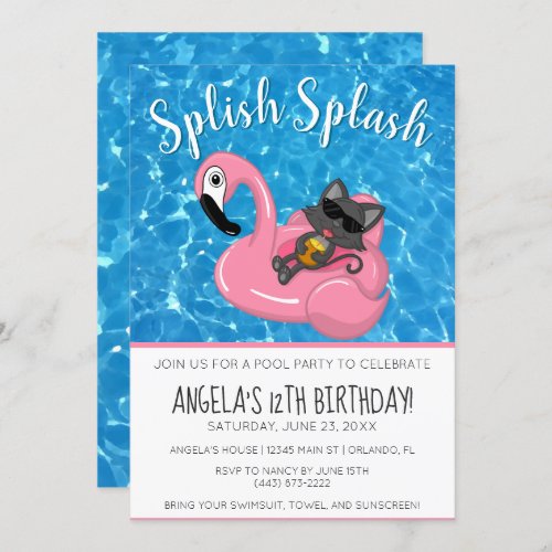 Cute Cat Flamingo Kids Birthday Pool Party