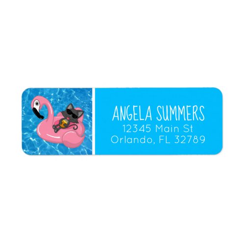 Cute Cat Flamingo Kids Birthday Pool Party Label