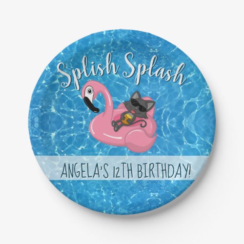 Cute Cat Flamingo Kids Birthday Pool Party Paper Plates