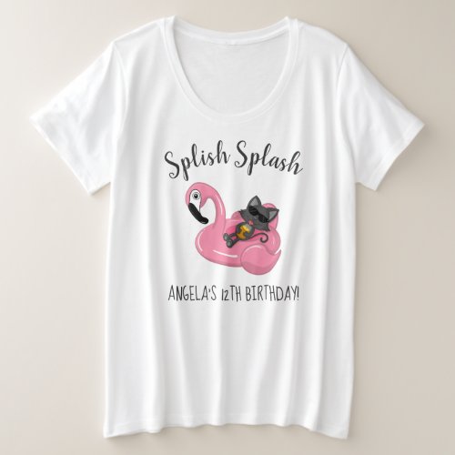 Cute Cat Flamingo Kids Birthday Pool Party Plus Size T_Shirt
