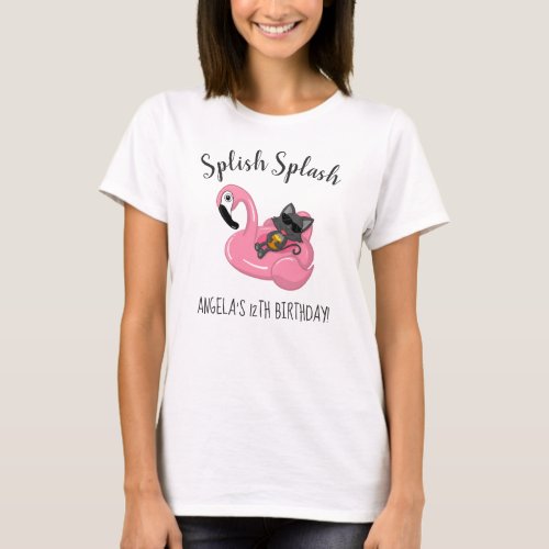 Cute Cat Flamingo Kids Birthday Pool Party T_Shirt