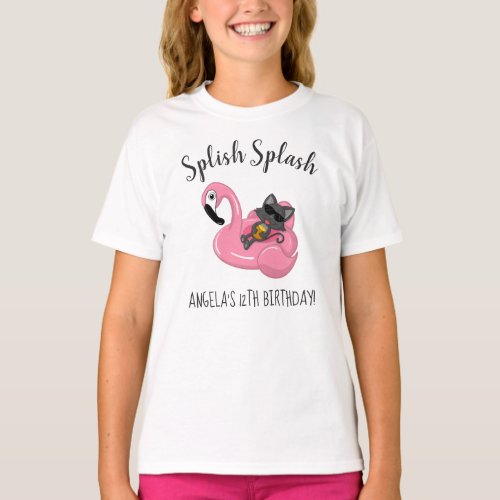 Cute Cat Flamingo Kids Birthday Pool Party T_Shirt