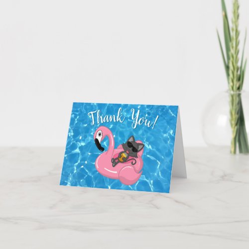 Cute Cat Flamingo Kids Birthday Pool Party Thank You Card