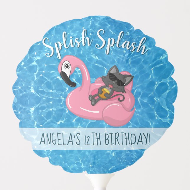 Cute Cat Flamingo Kids Pool Party Birthday Balloon (Front)