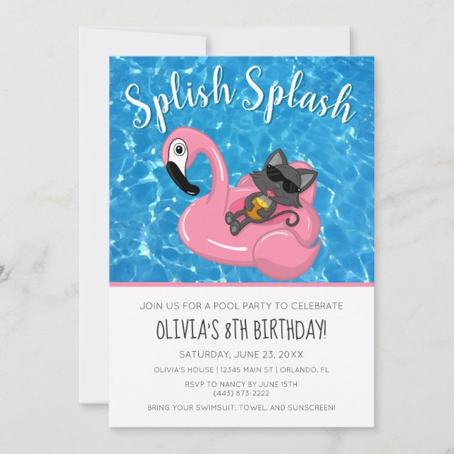 Cute Cat Flamingo Kids Pool Party Birthday Invitation (Front)