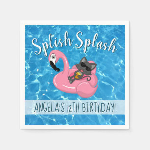 Cute Cat Flamingo Kids Pool Party Birthday Napkins