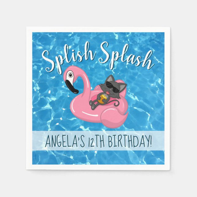 Cute Cat Flamingo Kids Pool Party Birthday Napkins (Front)