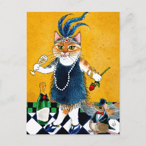 Cute cat Flapper Art Deco dancer 1920s postcard