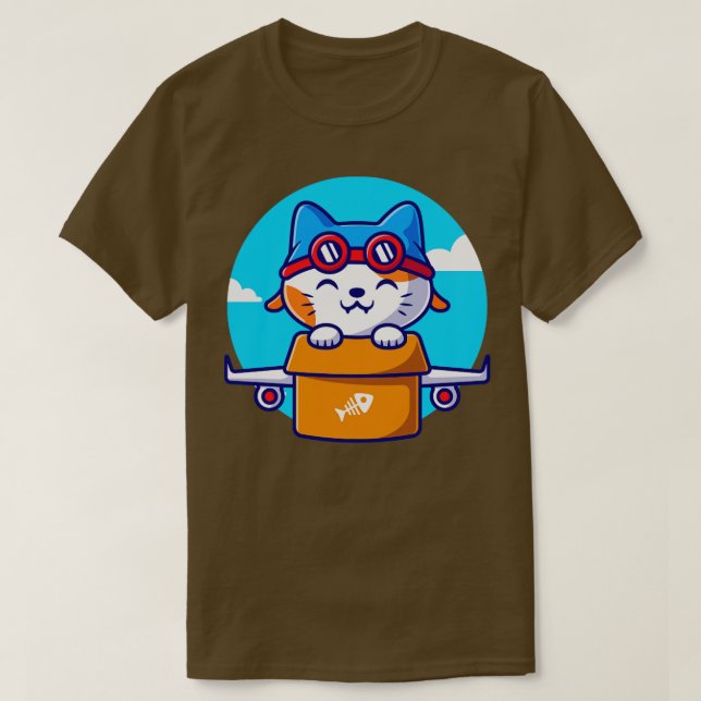 Cute Cat Flight With Cardboard Plane Cartoon T-Shirt (Design Front)