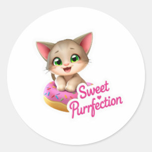 "Cute Cat Floating on a Donut – 'Sweet Purrfection Classic Round Sticker