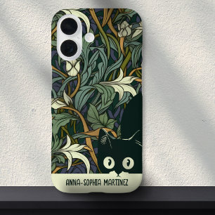 Cute Cat Floral Art Nouveau Green Blue Custom Name iPhone 16 Case