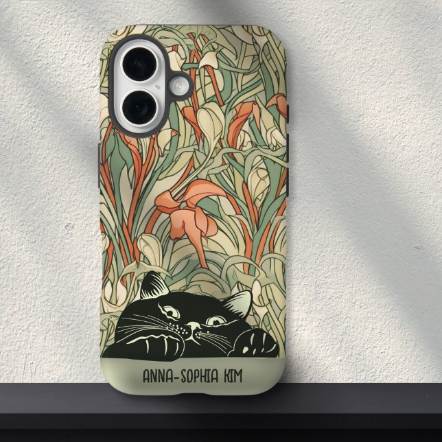 Cute Cat Floral Art Nouveau Green Red Custom Name Case-Mate iPhone Case (Creator Uploaded)