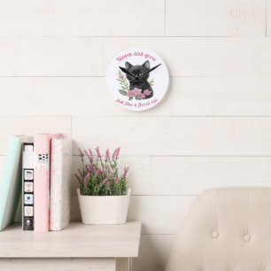 Cute Cat Floral Design Bloom and Grow  Round Clock