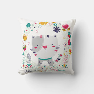 Cute Cat Floral Design Throw Pillow