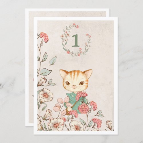 Cute Cat Floral Girly 1st Birthday Invitation