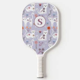 Cute Cat Floral Monogram Pickleball Paddle