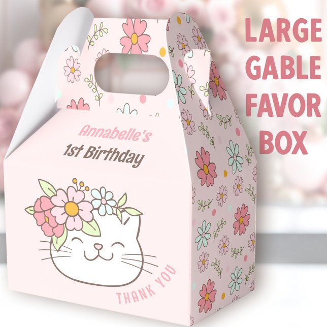 Cute Cat Floral Pink Girl 1st Birthday Large Favor Boxes (Cute Kitten Large Gable Favor Boxes - You can choose from 3 sizes of these gable favor boxes)