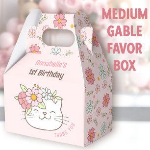 Cute Cat Floral Pink Girl 1st Birthday Medium Favor Boxes