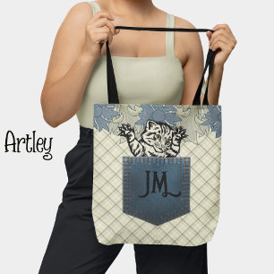 Cute Cat Floral Plaid Jean Pocket Monogram Initial Tote Bag
