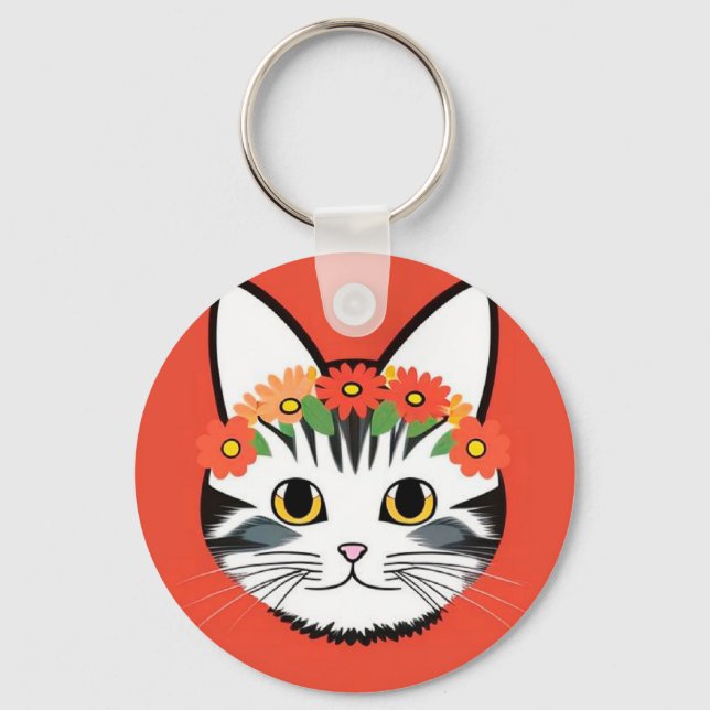 🐱 Cute Cat Floral Vibrant Charm Gift 🌸 Keychain (Front)