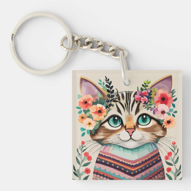 Cute Cat Floral Watercolor  Keychain (Front)