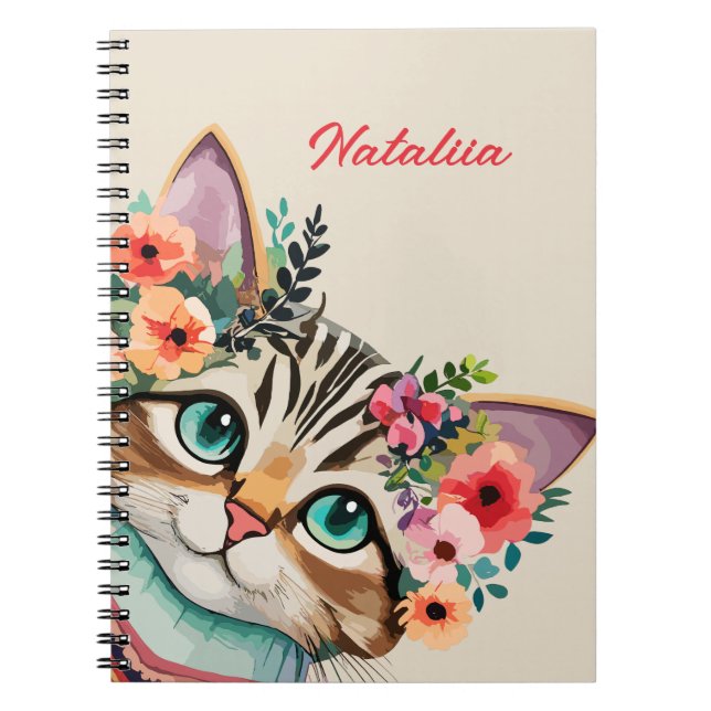 Cute Cat Floral Watercolor  Notebook (Front)
