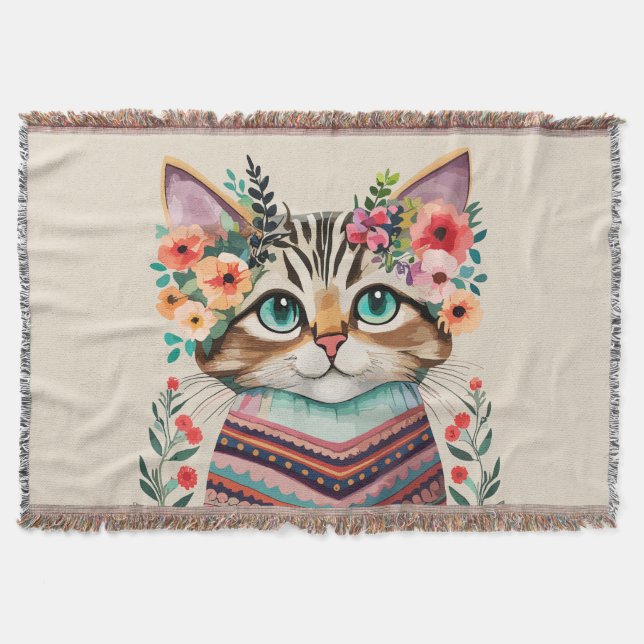 Cute Cat Floral Watercolor  Throw Blanket (Front)
