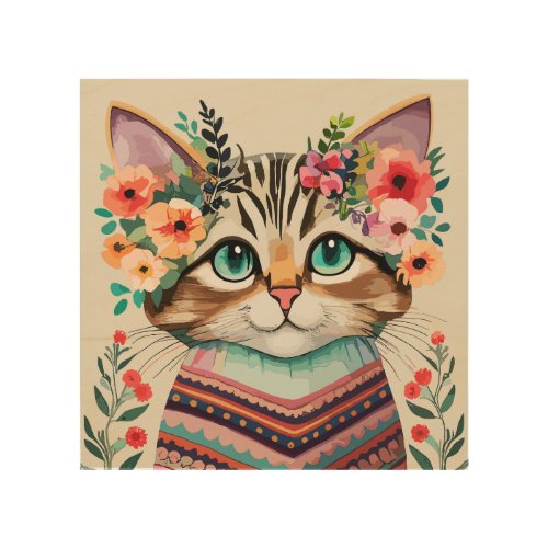 Cute Cat Floral Watercolor  Wood Wall Art