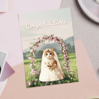Cute Cat Floral Wedding Congratulations Greeting Card