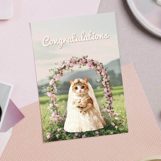 Cute Cat Floral Wedding Congratulations Greeting Card (Creator Uploaded)