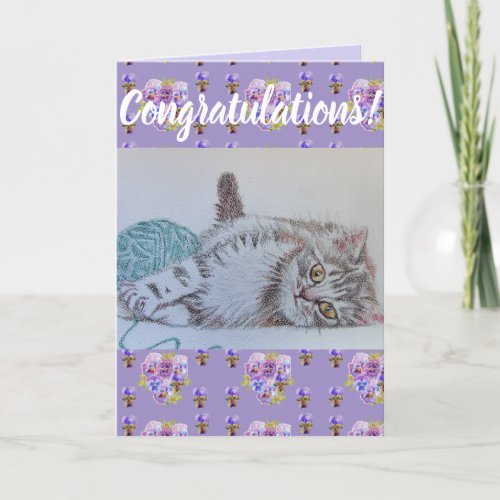 Cute Cat Flower Floral Conrgatulations art Card