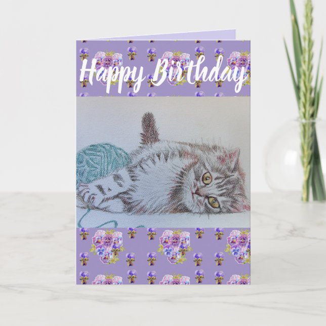 Cute Cat Flower Floral Purple Birthday art Card (Front)