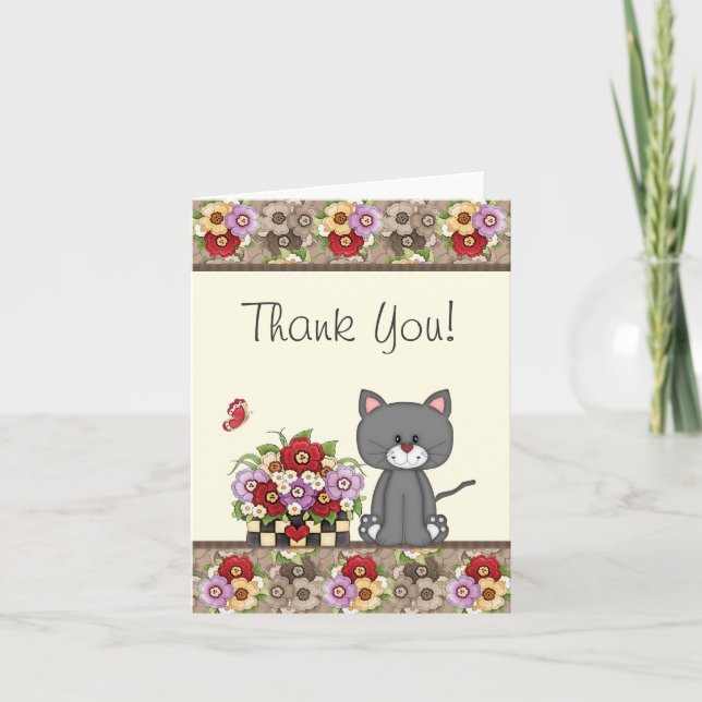 Cute Cat, Flowers and Butterfly Thank You Card (Front)