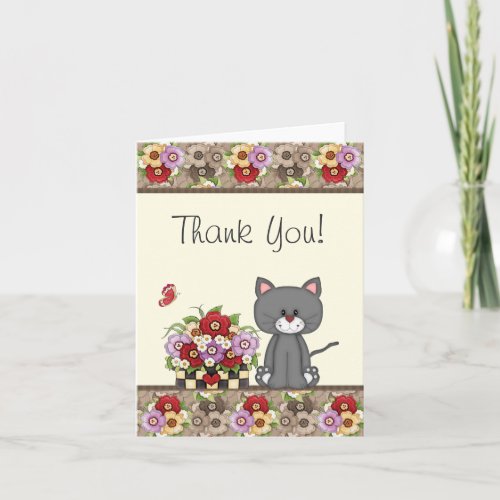 Cute Cat Flowers and Butterfly Thank You Card